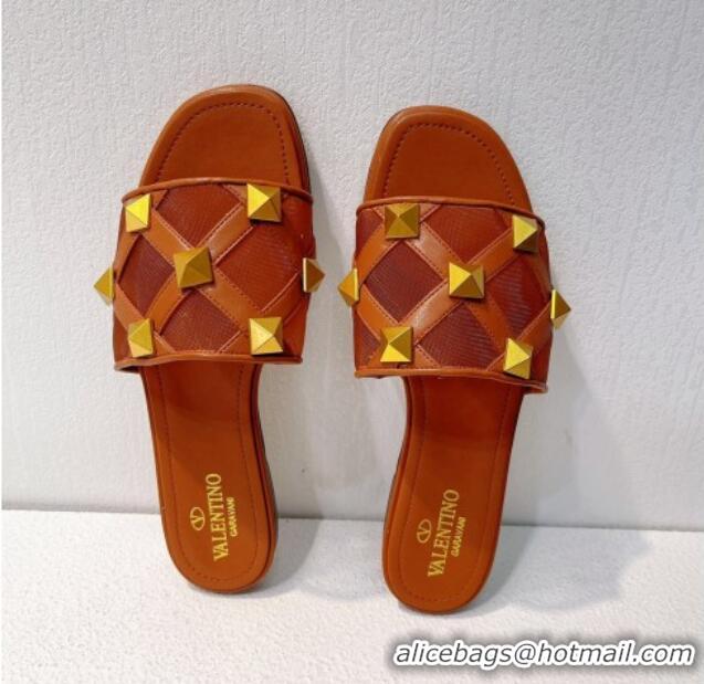 Best Luxury Valentino Roman Stud Flat Slide Sandals in Leather-Quilted Mesh Brown 027073