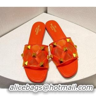 Cheap Design Valentino Roman Stud Flat Slide Sandals in Leather-Quilted Mesh Orange 027074