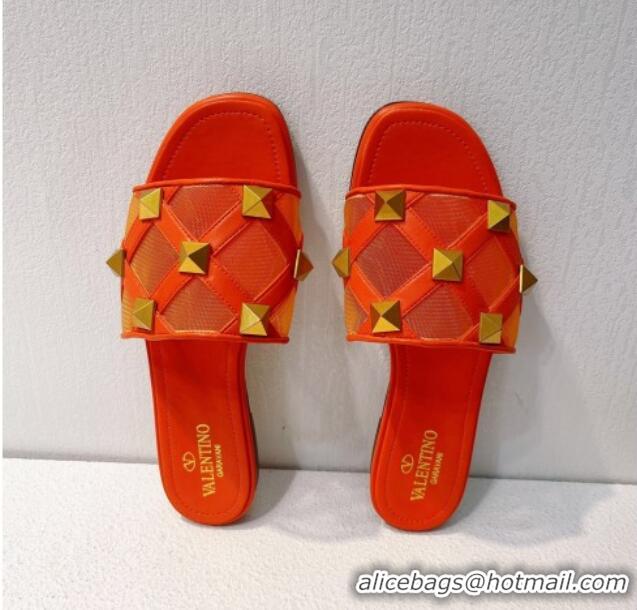 Cheap Design Valentino Roman Stud Flat Slide Sandals in Leather-Quilted Mesh Orange 027074