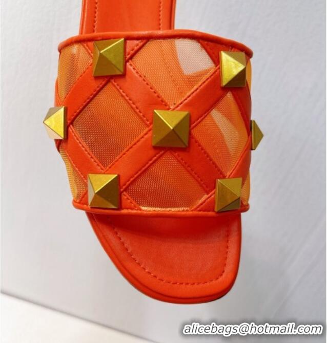 Cheap Design Valentino Roman Stud Flat Slide Sandals in Leather-Quilted Mesh Orange 027074