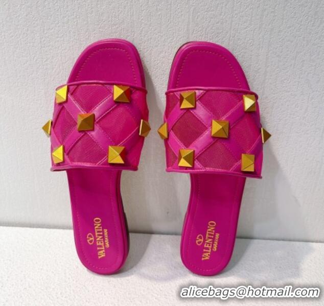 Inexpensive Valentino Roman Stud Flat Slide Sandals in Leather-Quilted Mesh Dark Pink 027075