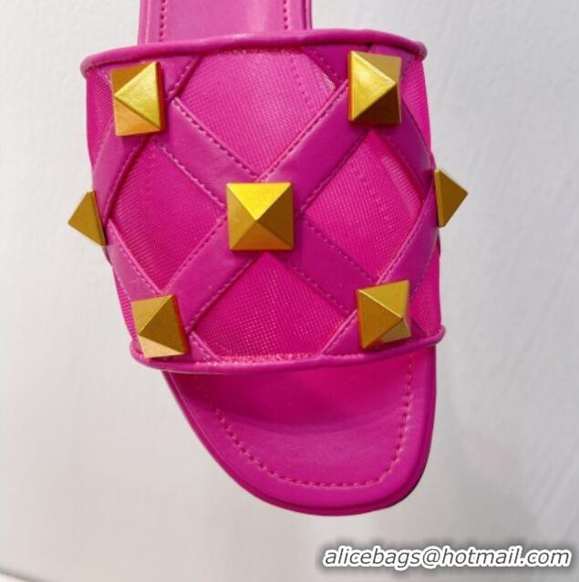 Inexpensive Valentino Roman Stud Flat Slide Sandals in Leather-Quilted Mesh Dark Pink 027075