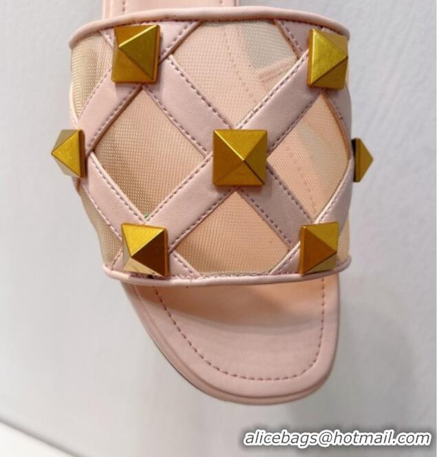 Good Product Valentino Roman Stud Flat Slide Sandals in Leather-Quilted Mesh Nude Pink 027076 