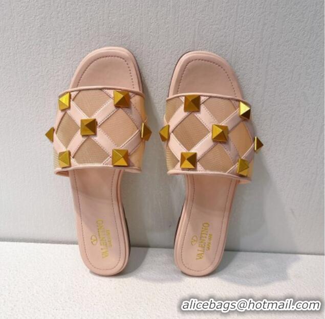 Good Product Valentino Roman Stud Flat Slide Sandals in Leather-Quilted Mesh Nude Pink 027076 