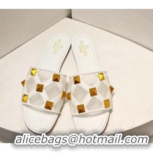 Cheaper Design Valentino Roman Stud Flat Slide Sandals in Leather-Quilted Mesh White 027077