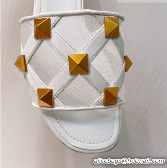 Cheaper Design Valentino Roman Stud Flat Slide Sandals in Leather-Quilted Mesh White 027077