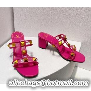 Buy Luxury Valentino Roman Stud Heel Slide Sandals in Leather and PVC Dark Pink 027079