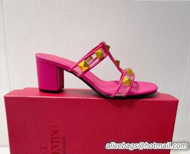 Buy Luxury Valentino Roman Stud Heel Slide Sandals in Leather and PVC Dark Pink 027079