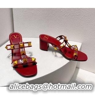 Low Price Valentino Roman Stud Heel Slide Sandals in Leather and PVC Burgundy 027080