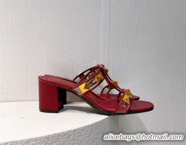 Low Price Valentino Roman Stud Heel Slide Sandals in Leather and PVC Burgundy 027080