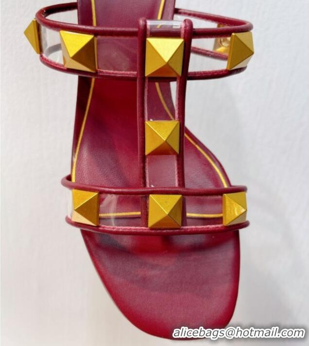 Low Price Valentino Roman Stud Heel Slide Sandals in Leather and PVC Burgundy 027080