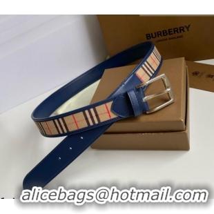 ​Grade Design Burberry Check Canvas Belt 3.5cm 110621 Navy Blue Leather/Silver