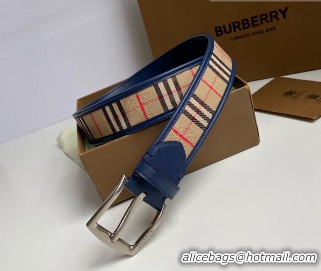 ​Grade Design Burberry Check Canvas Belt 3.5cm 110621 Navy Blue Leather/Silver