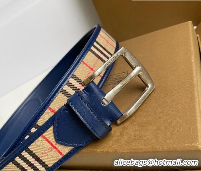 ​Grade Design Burberry Check Canvas Belt 3.5cm 110621 Navy Blue Leather/Silver