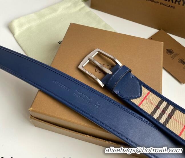 ​Grade Design Burberry Check Canvas Belt 3.5cm 110621 Navy Blue Leather/Silver