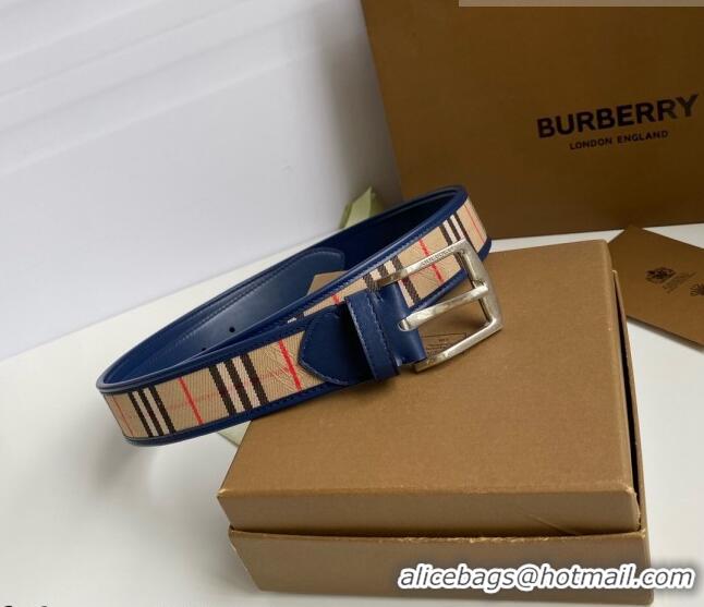 ​Grade Design Burberry Check Canvas Belt 3.5cm 110621 Navy Blue Leather/Silver