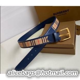 Trendy Design Burberry Check Canvas Belt 3.5cm 110622 Navy Blue Leather/Gold