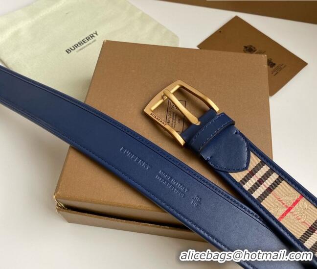 Trendy Design Burberry Check Canvas Belt 3.5cm 110622 Navy Blue Leather/Gold