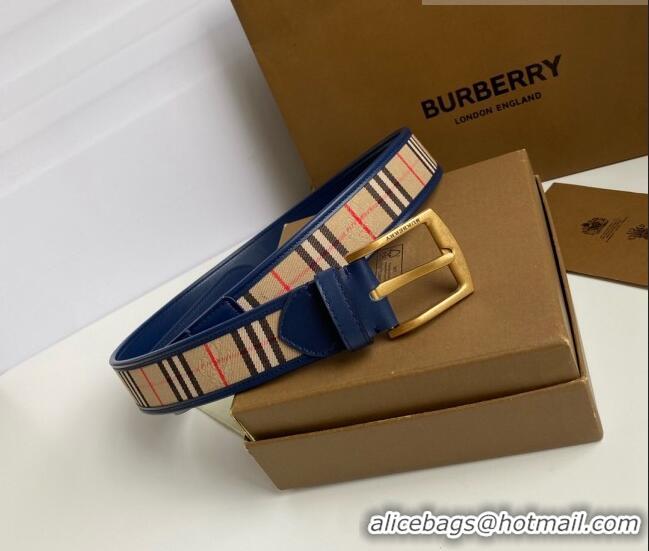 Trendy Design Burberry Check Canvas Belt 3.5cm 110622 Navy Blue Leather/Gold