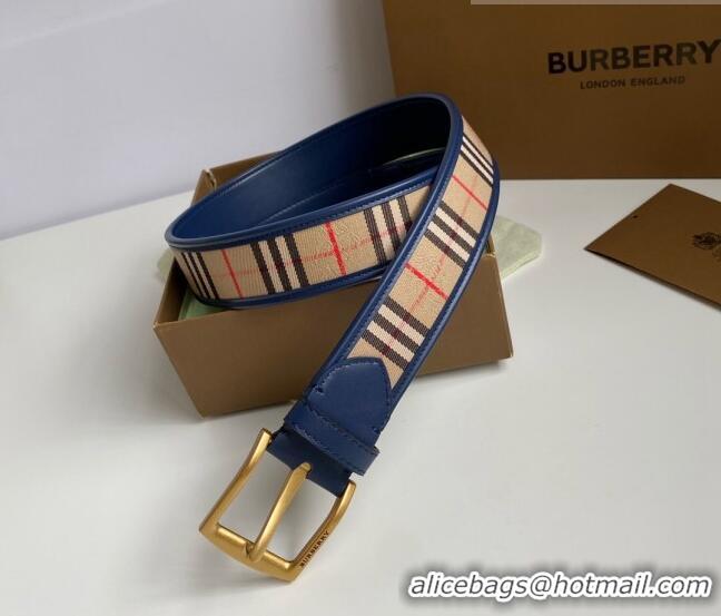 Trendy Design Burberry Check Canvas Belt 3.5cm 110622 Navy Blue Leather/Gold