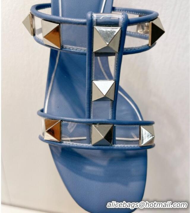 Design Discount Valentino Roman Stud Heel Slide Sandals in Leather and PVC Blue 027081