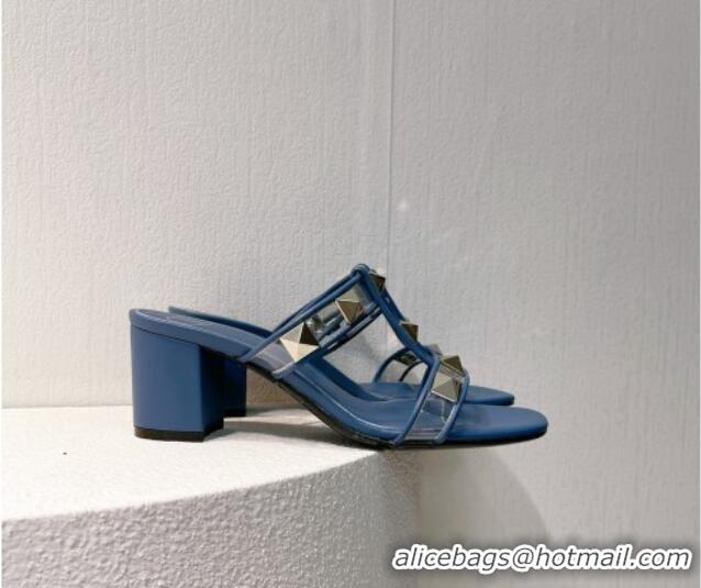 Design Discount Valentino Roman Stud Heel Slide Sandals in Leather and PVC Blue 027081