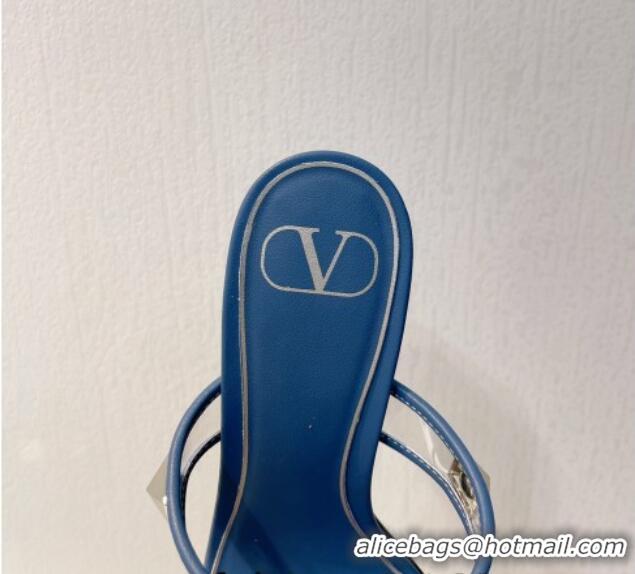 Design Discount Valentino Roman Stud Heel Slide Sandals in Leather and PVC Blue 027081