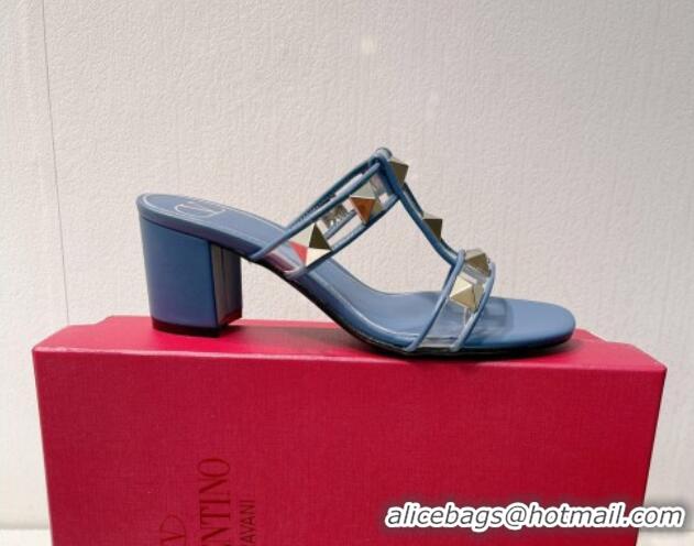 Design Discount Valentino Roman Stud Heel Slide Sandals in Leather and PVC Blue 027081