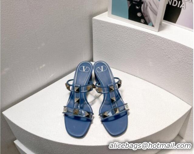 Design Discount Valentino Roman Stud Heel Slide Sandals in Leather and PVC Blue 027081