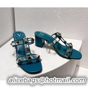 Custom Valentino Roman Stud Heel Slide Sandals in Leather and PVC Peacock Green 027082