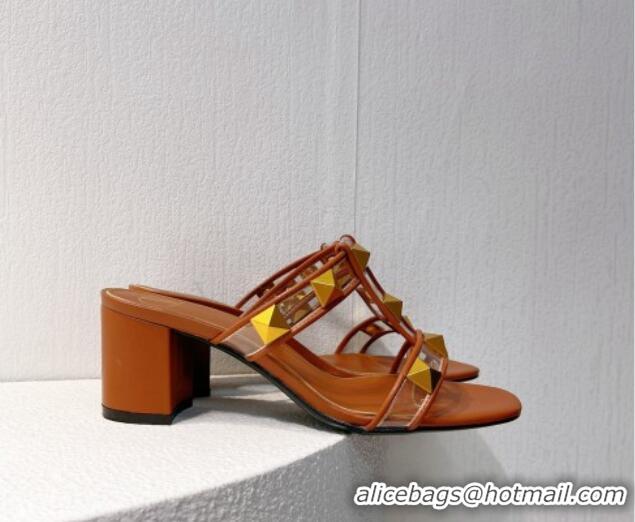 Buy Discount Valentino Roman Stud Heel Slide Sandals in Leather and PVC Brown 027083