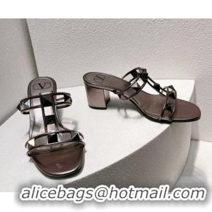 Super Quality Valentino Roman Stud Heel Slide Sandals in Leather and PVC Metallic Grey 027084