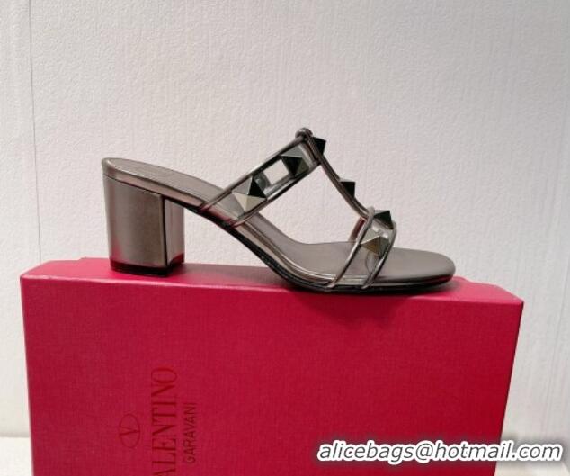 Super Quality Valentino Roman Stud Heel Slide Sandals in Leather and PVC Metallic Grey 027084