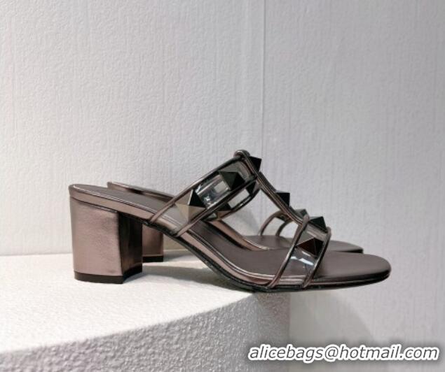 Super Quality Valentino Roman Stud Heel Slide Sandals in Leather and PVC Metallic Grey 027084