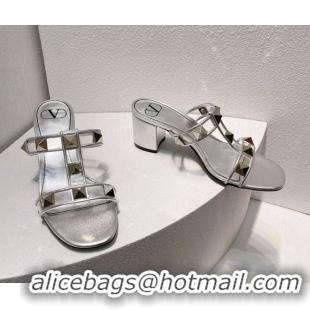 Low Cost Valentino Roman Stud Heel Slide Sandals in Leather and PVC Silver 027085