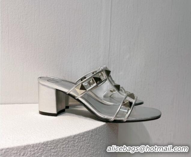 Low Cost Valentino Roman Stud Heel Slide Sandals in Leather and PVC Silver 027085