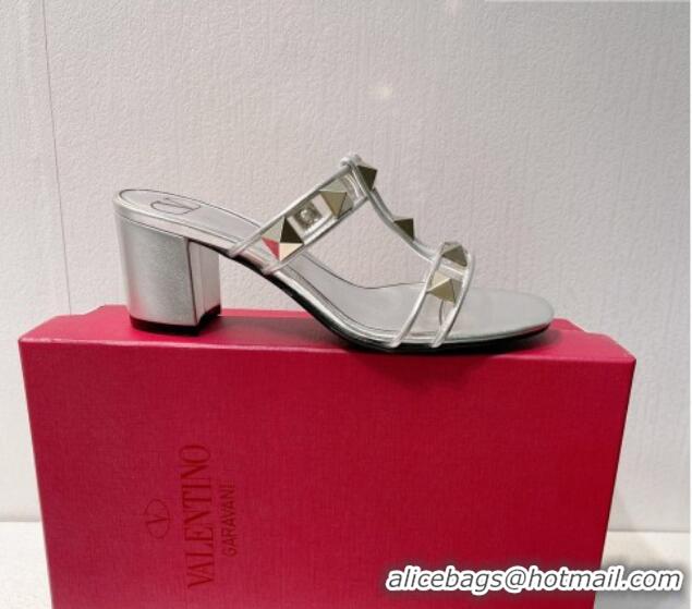 Low Cost Valentino Roman Stud Heel Slide Sandals in Leather and PVC Silver 027085