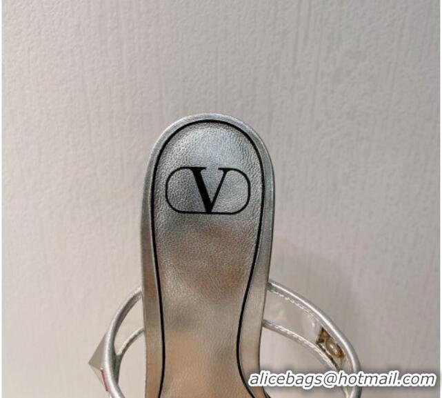 Low Cost Valentino Roman Stud Heel Slide Sandals in Leather and PVC Silver 027085