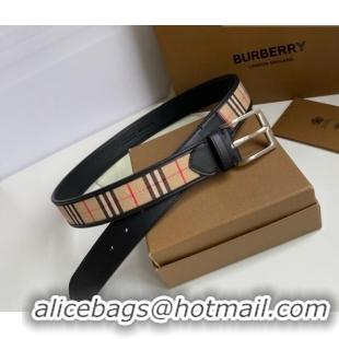 Promotional Burberry Check Canvas Belt 3.5cm 110623 Black Leather/Silver