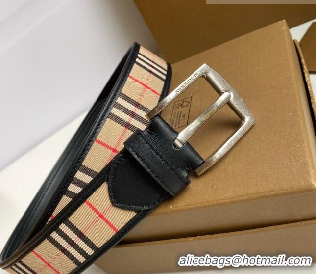 Promotional Burberry Check Canvas Belt 3.5cm 110623 Black Leather/Silver