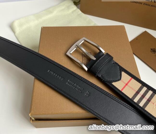 Promotional Burberry Check Canvas Belt 3.5cm 110623 Black Leather/Silver