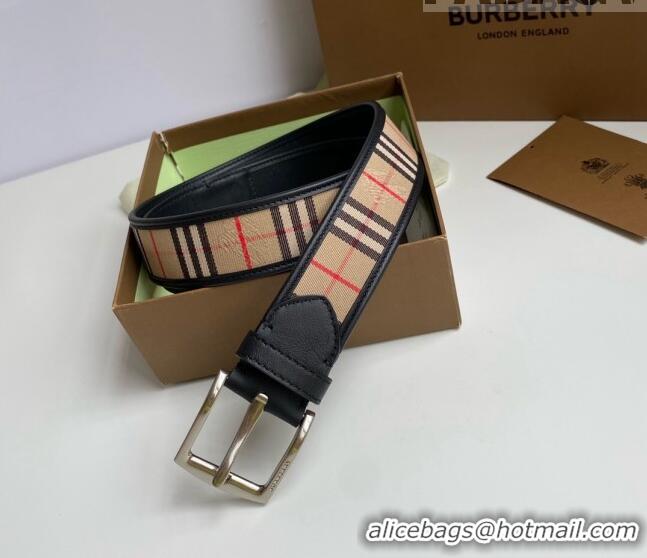 Promotional Burberry Check Canvas Belt 3.5cm 110623 Black Leather/Silver