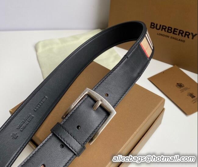 Promotional Burberry Check Canvas Belt 3.5cm 110623 Black Leather/Silver