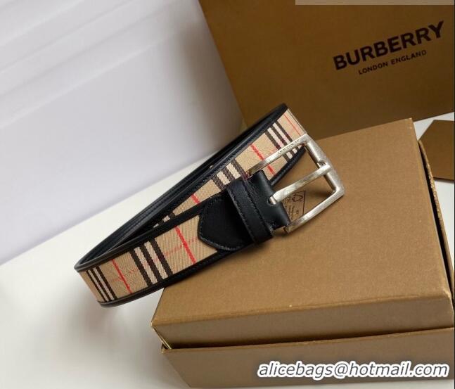 Promotional Burberry Check Canvas Belt 3.5cm 110623 Black Leather/Silver