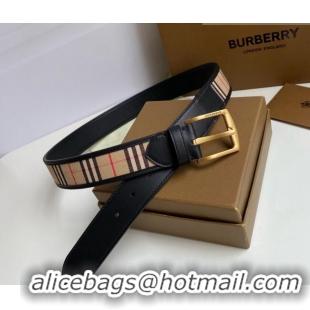 ​Top Quality Burberry Check Canvas Belt 3.5cm 110624 Black Leather/Gold