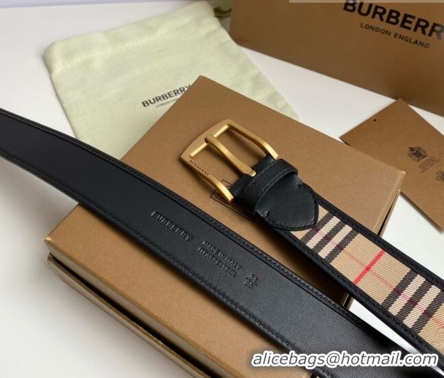 ​Top Quality Burberry Check Canvas Belt 3.5cm 110624 Black Leather/Gold