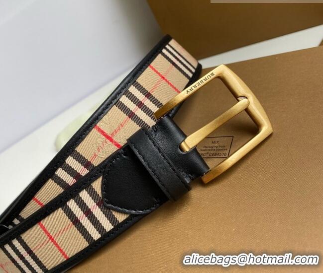 ​Top Quality Burberry Check Canvas Belt 3.5cm 110624 Black Leather/Gold