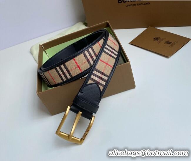 ​Top Quality Burberry Check Canvas Belt 3.5cm 110624 Black Leather/Gold