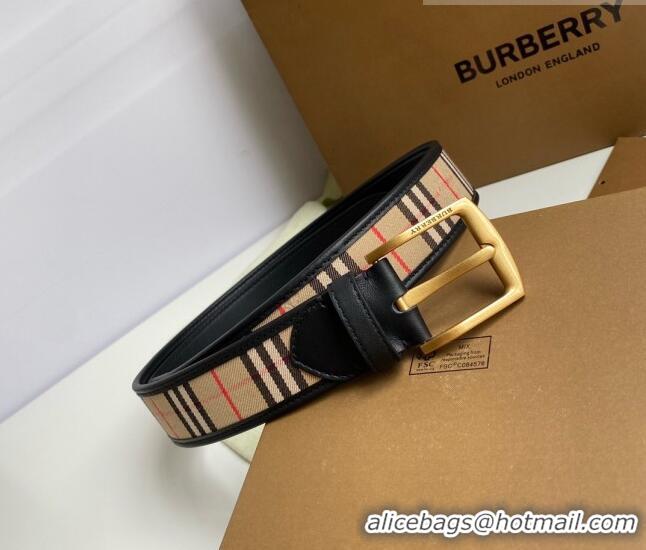 ​Top Quality Burberry Check Canvas Belt 3.5cm 110624 Black Leather/Gold