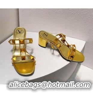 Promotion Valentino Roman Stud Heel Slide Sandals in Leather and PVC Gold 027086